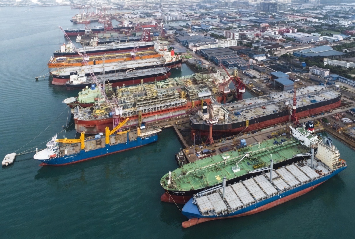 Shipyard cranes over an offshore fabrication yard